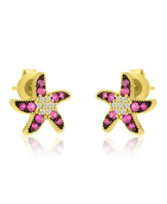 Created White Sapphire and Ruby Stud Earrings in 14k Yellow Gold Over Sterling Silver