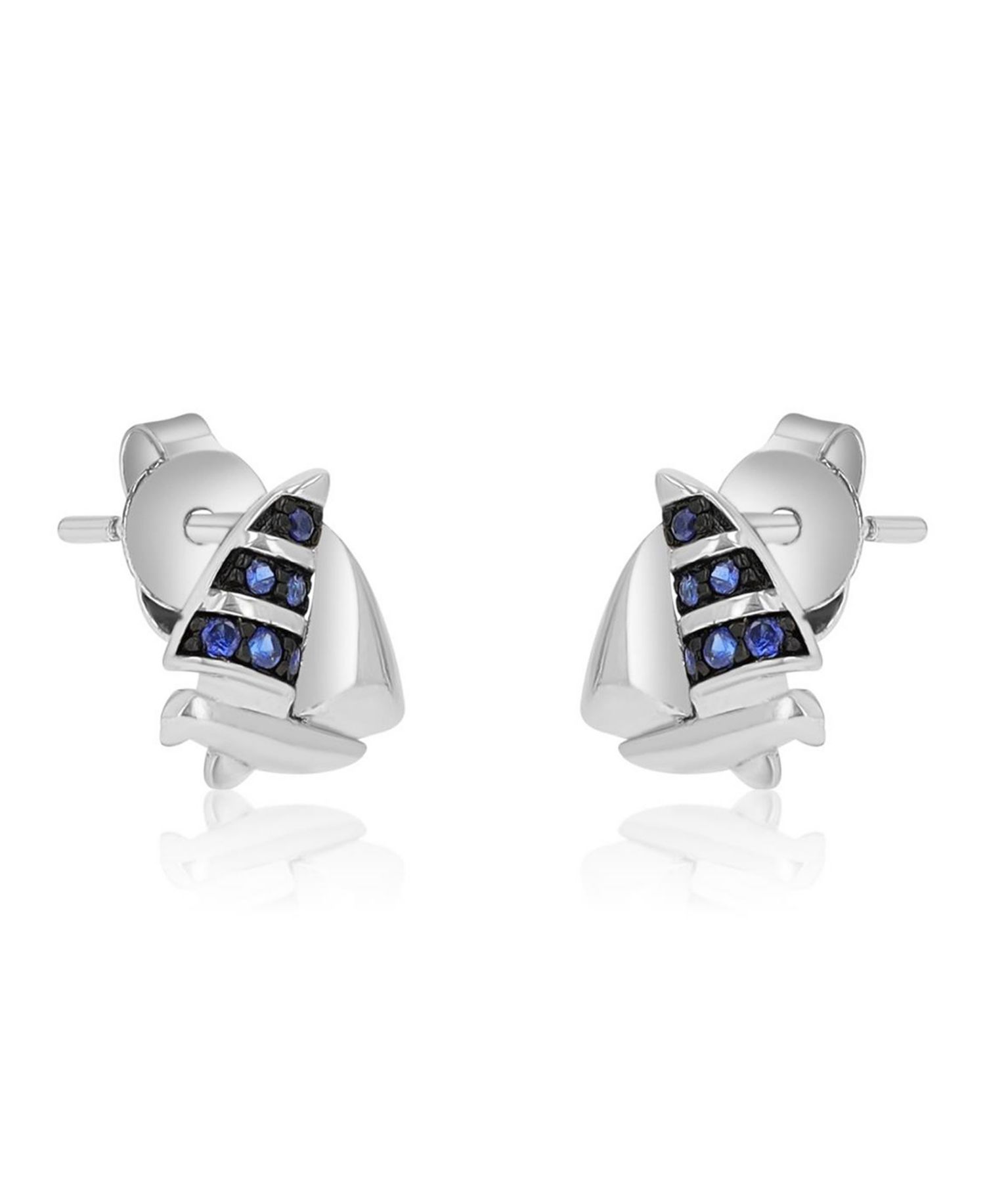Created Blue Sapphire Ship Stud Earrings in Rhodium Over Sterling Silver