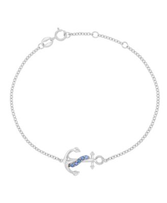 Created Blue Sapphire Anchor Bracelet in Rhodium Over Sterling Silver