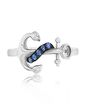 Created Blue Sapphire Anchor Ring in Rhodium Over Sterling Silver