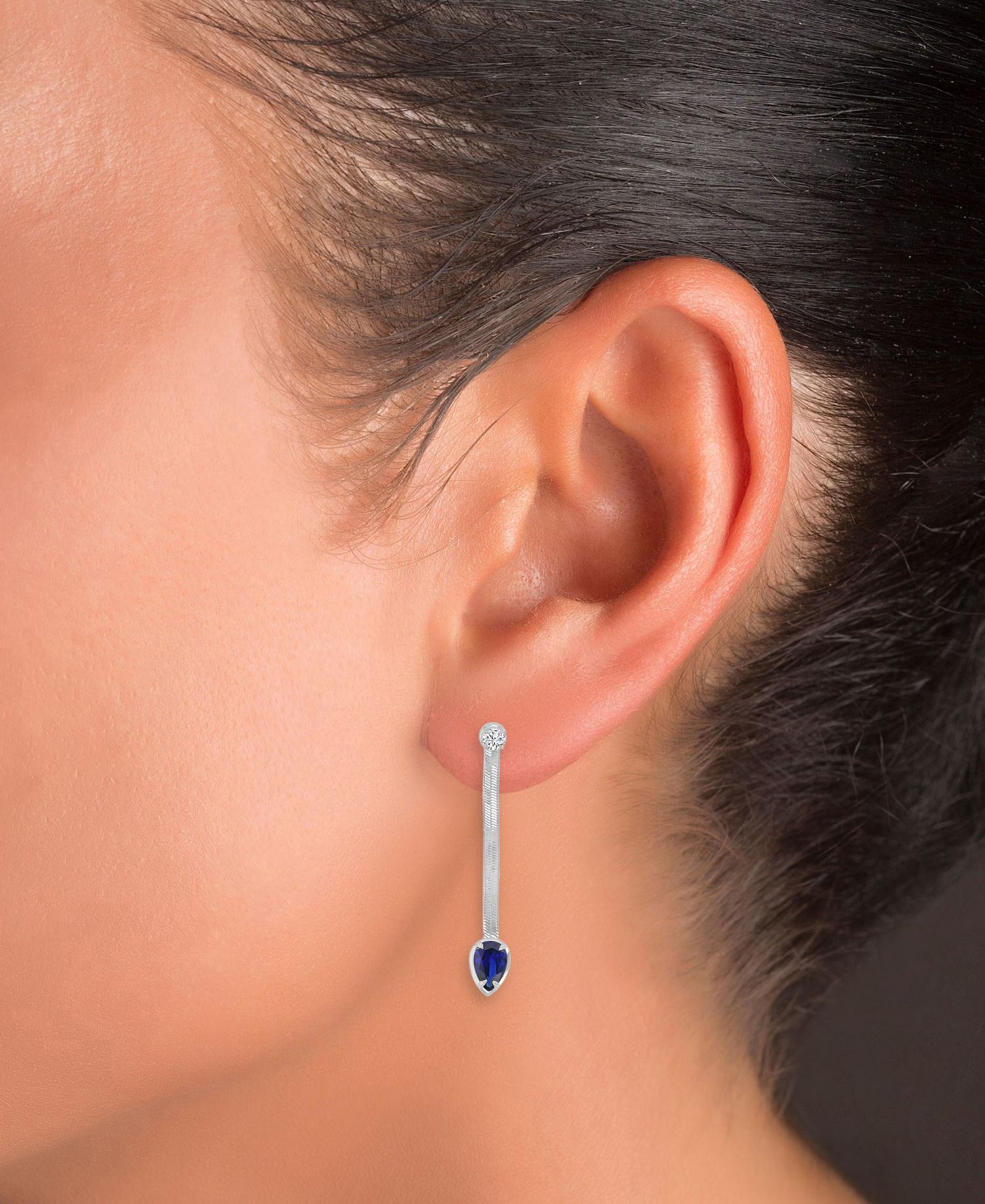 Created White Sapphire and Created Blue Sapphire Herringbone Chain Dangling Earrings in Rhodium Over Sterling Silver