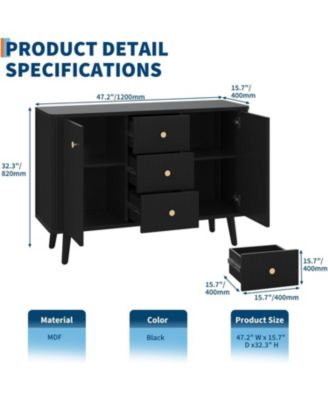 47" Modern Fluted Sideboard Buffet Cabinet with 3 Drawers, Slim Kitchen Storage Cabinet, Wood Coffee Bar Station for Dining Room Living Room