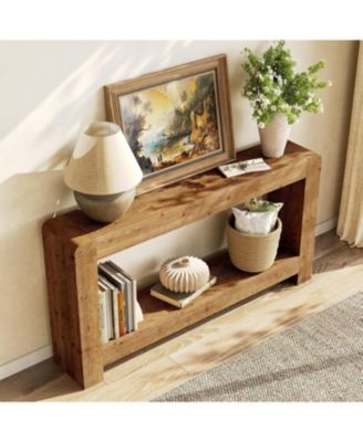 Solid Wood Console Table with Storage, 63-Inch Farmhouse Entryway Table, 2-Tier Narrow Sofa Console Behind Couch