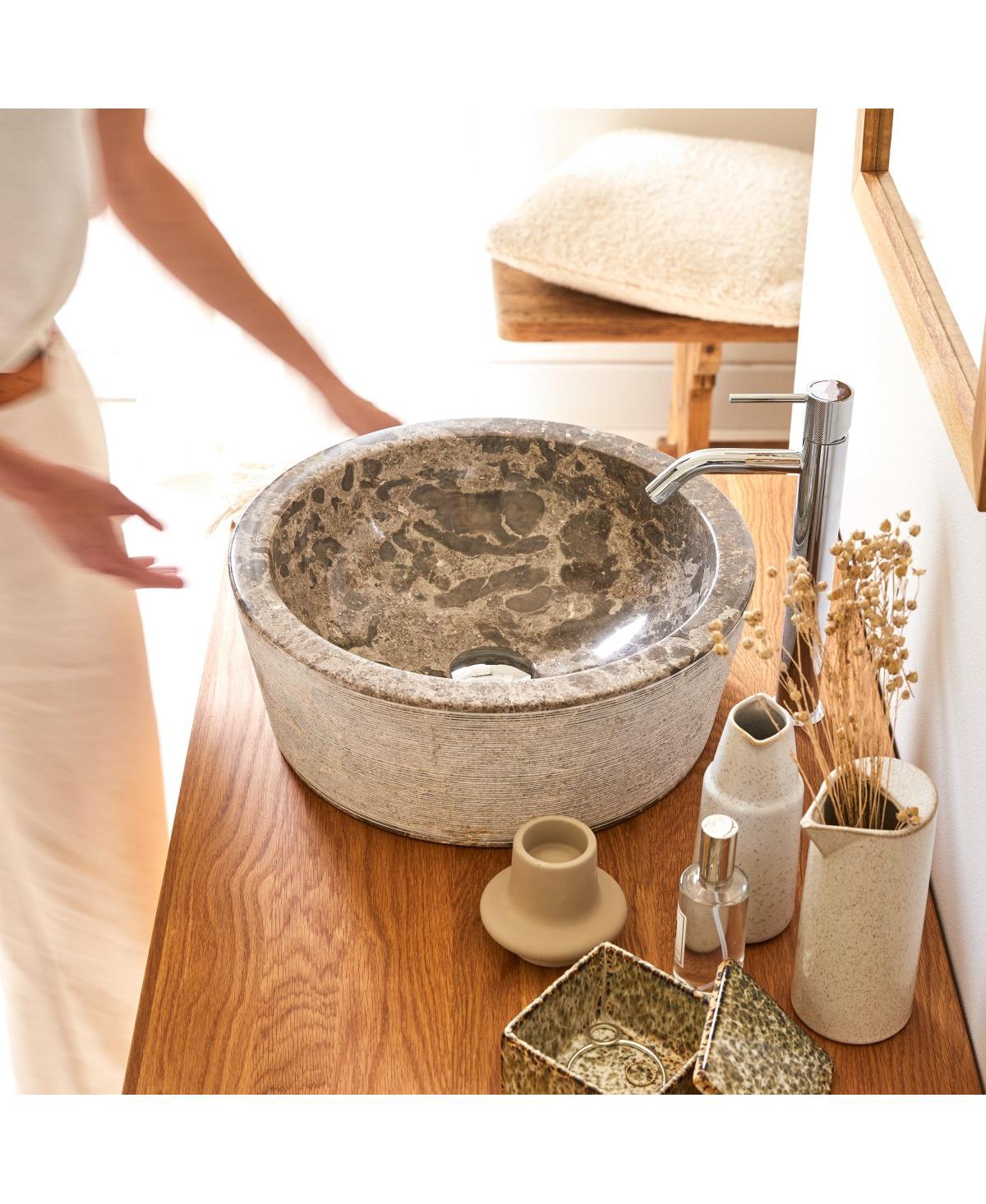 Tikamoon Rustic Genuine Marble Washbasin Sink Basin Circular Bowl Grey Standard Bathroom