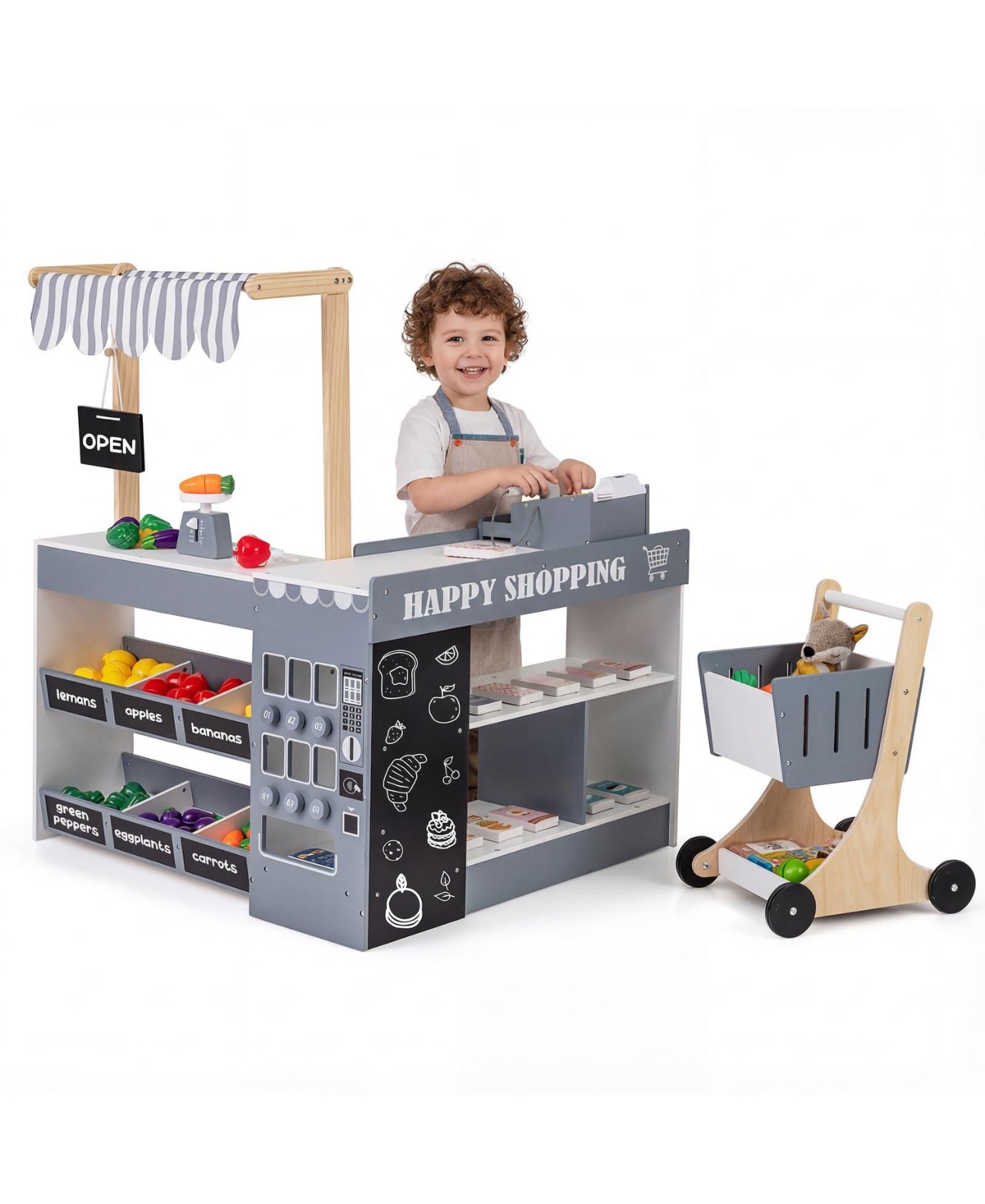 Mecale Wooden Kids Grocery Store Playset Pretend Supermarket with Shopping Cart