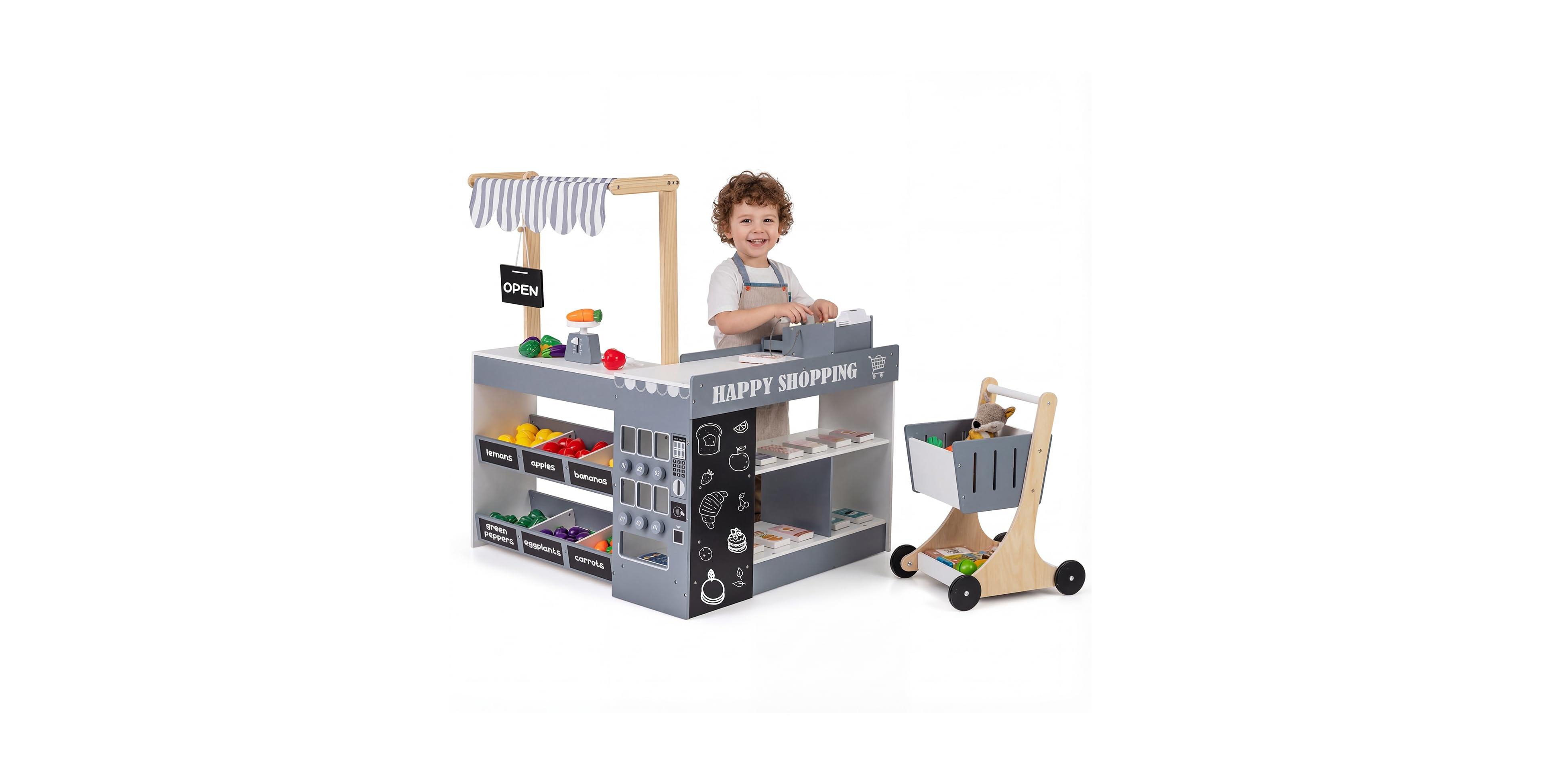 Mecale Wooden Kids Grocery Store Playset Pretend Supermarket with Shopping Cart