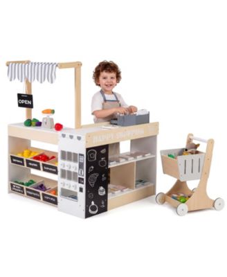 Wooden Kids Grocery Store Playset Pretend Supermarket with Shopping Cart