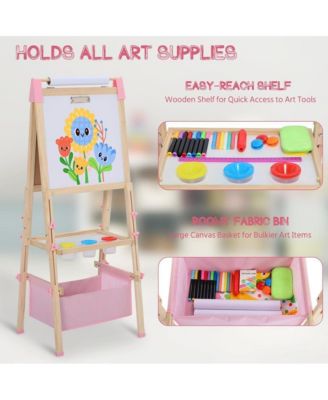 3 in 1 Kids Art Easel Set, Dual-Sided Art Station w/Whiteboard & Chalkboard