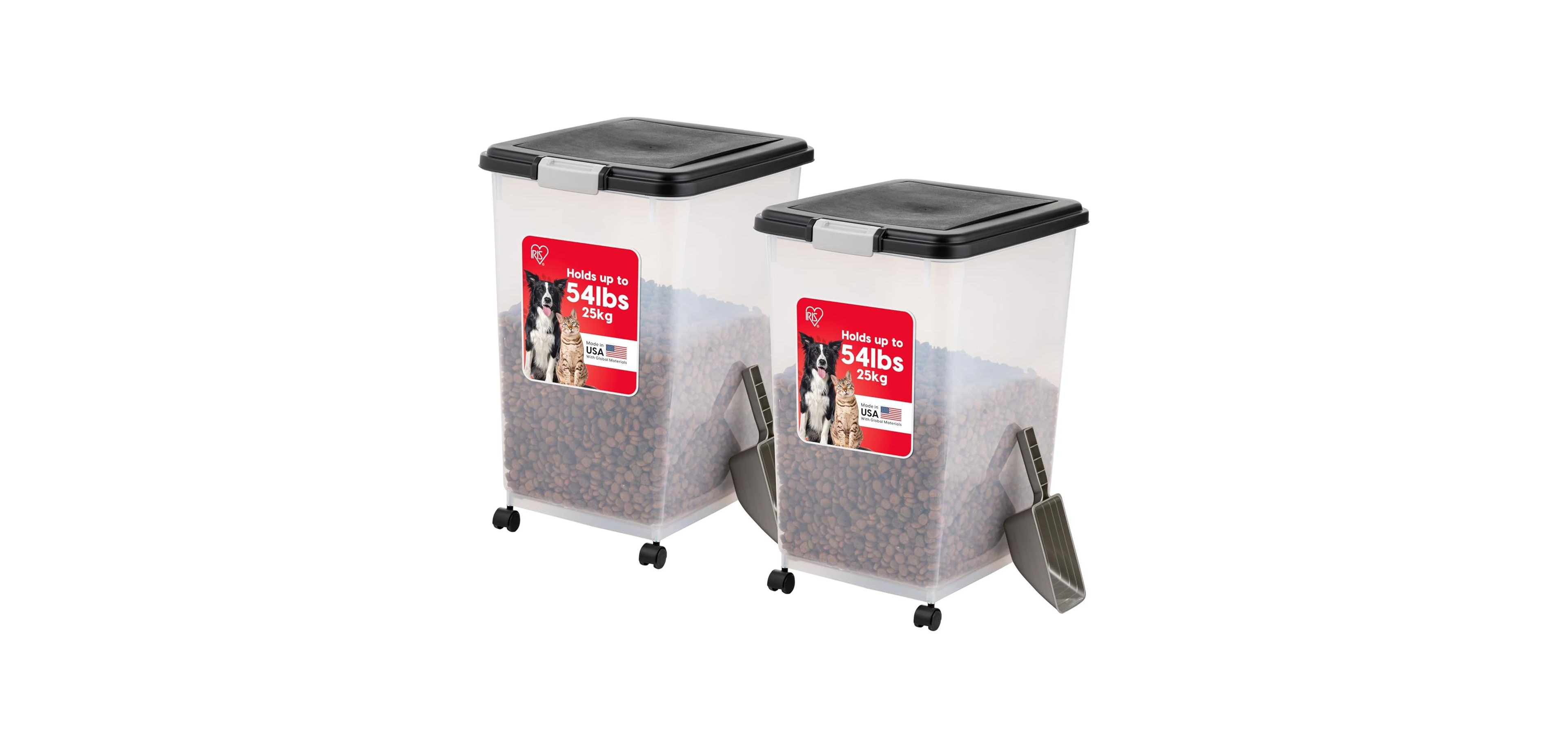 Iris 54 Lbs Airtight Dog Food Storage Container, Attachable Wheels, Black, 2Pk