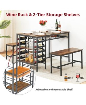 4-Piece Dining Table Set with 2 Benches, Wine Rack & Storage Shelf, Kitchen Dining Room Table for Small Spaces