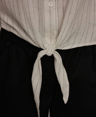 Women's Linen Button-Front Tie Blouse