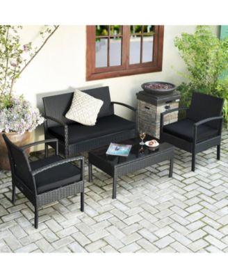 Set Of 4 Outdoor Patio Rattan Furniture Set Cushioned Sofa Coffee Table Garden Deck