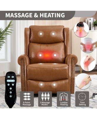Heat Massage Manual Recliner Chair with Rocker and Swivel in Genuine Leather for Living Room