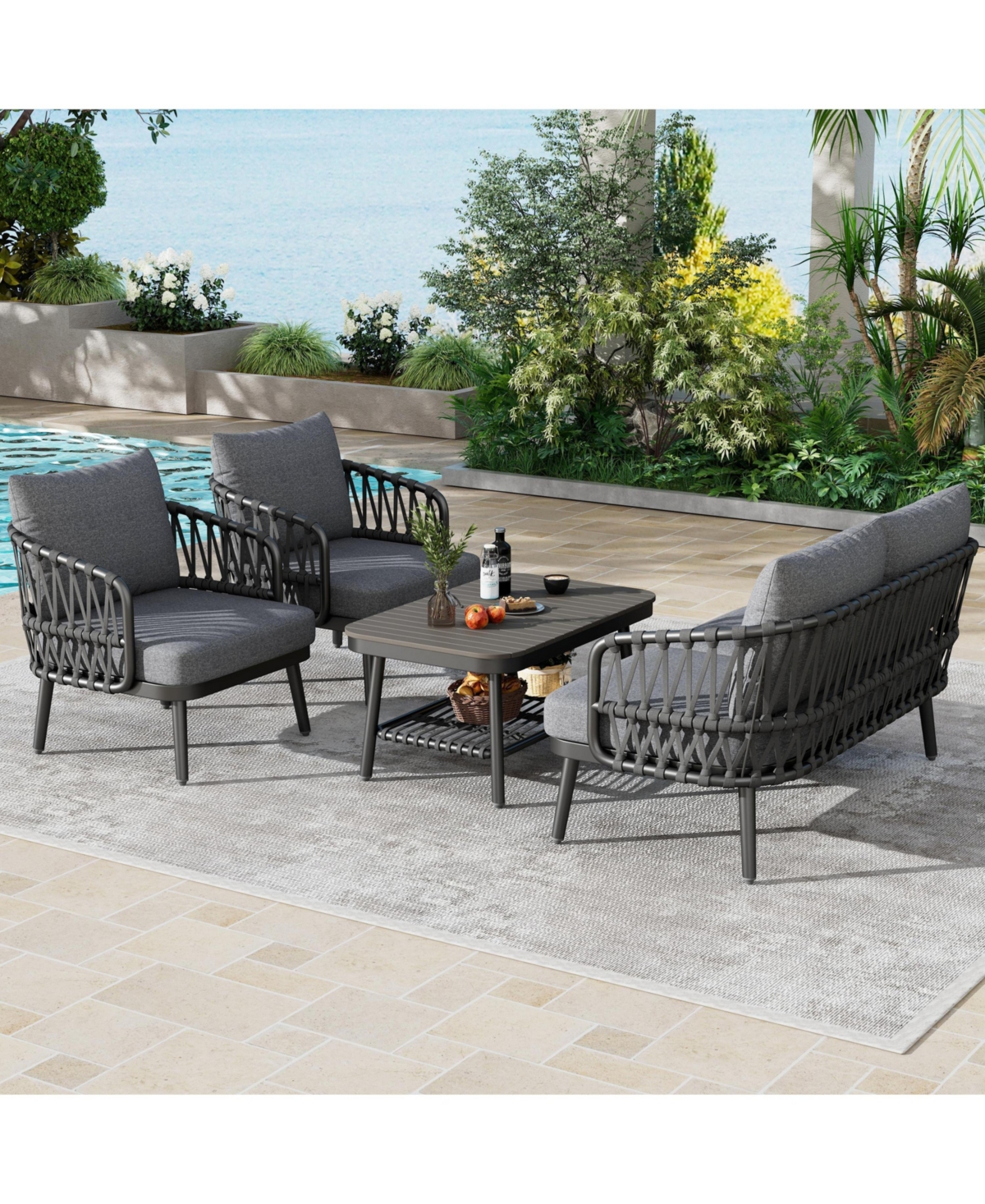 Flynama 4 Piece Outdoor Patio Conversation Set with Metal Rope Backrest Chairs Coffee Table Thick Cushions for Garden Poolside