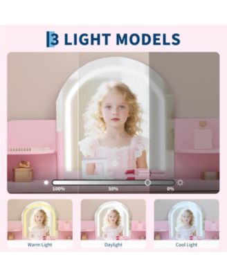 Kids Vanity with Lighted Mirror & Stool, Little Girls Vanity with Adjustable LED Light