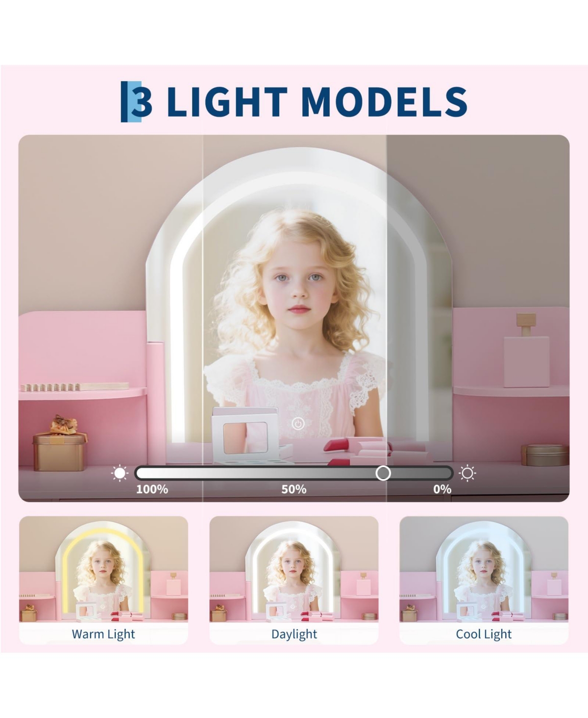 gaomon Kids Vanity with Lighted Mirror & Stool, Little Girls Vanity with Adjustable Led Light