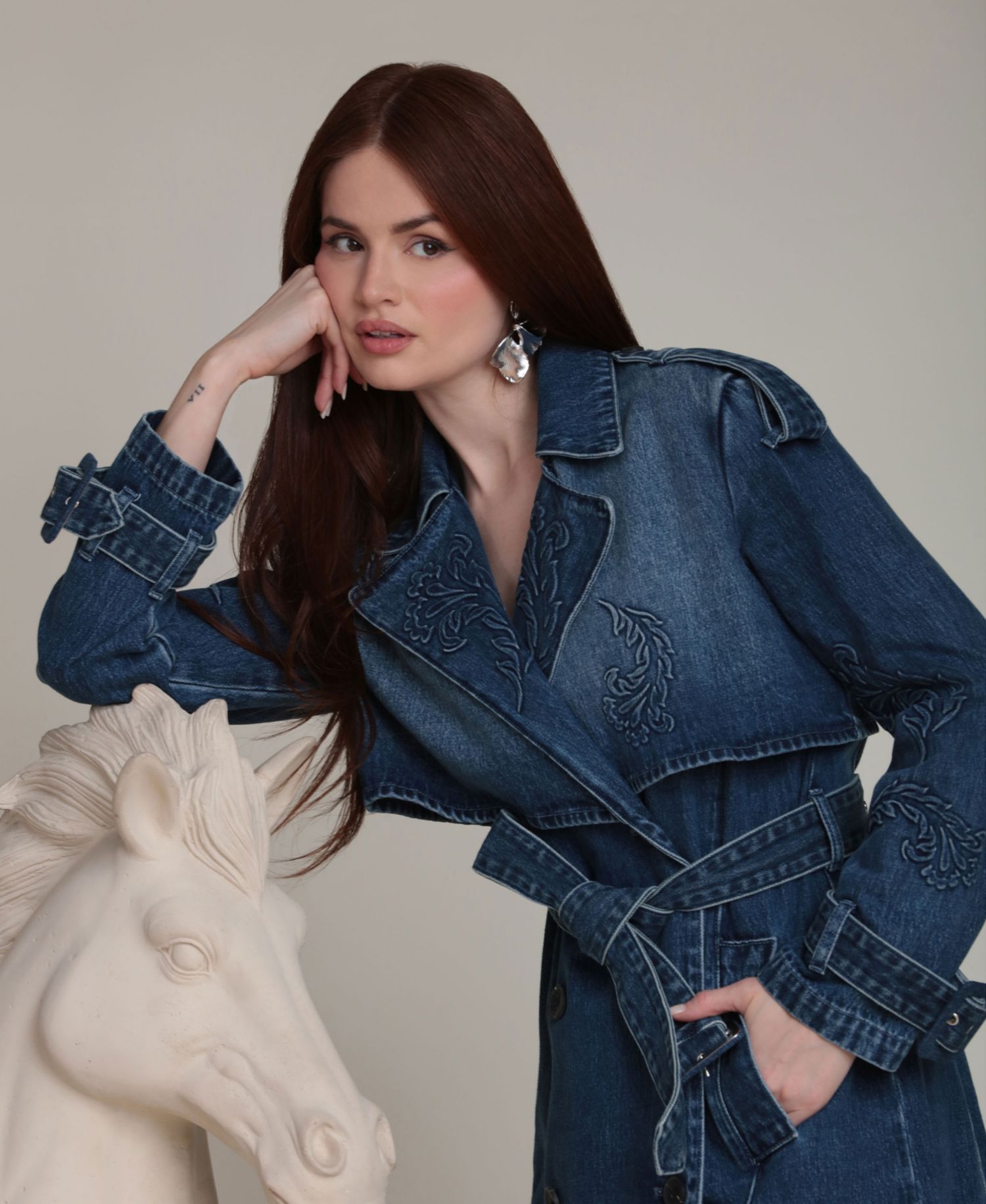 Women's Long-Sleeve Embossed Trench Coat
