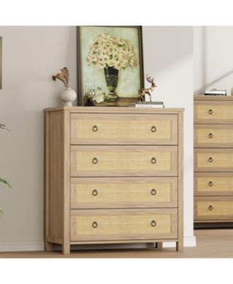 Dresser for Bedroom Rattan Chest of Dressers 37 in Tall Dresser for Closet with 4 Rattan Drawers Boho Nightstand Large Clothes Storage Cabinet