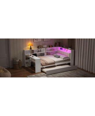 Wood Full Platform Bed with Storage, Trundle, Charging, LED