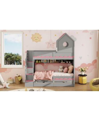 Bed House and Drawer, Staircase, LED, Twin Over Twin