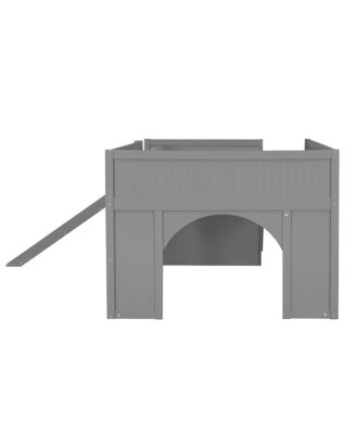 Full Size Wooden Low Loft Bed with Storage, Slide, Door, Window