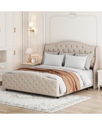 Size Velvet Bed Frame with Headboard and Footboard, Tufted Wingback Headboard Upholstered Platform Bed Strong Wooden Slats Easy Assembly