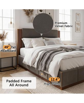 Velvet Upholstered King Bed Frame with Extended Wood Headboard