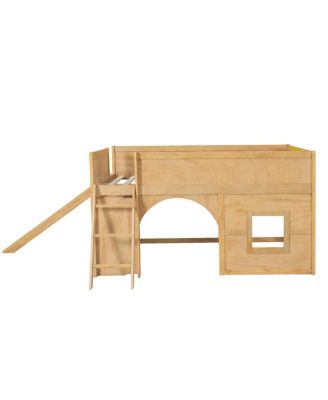 Streamdale Full Size Wooden Low Loft Bed with Storage, Slide, Door & Window