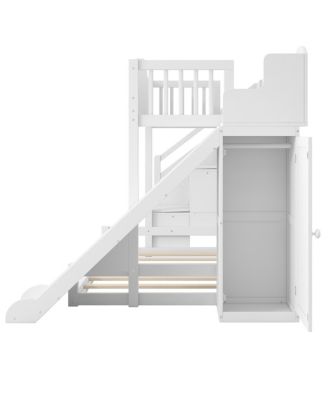 Streamdale Twin over Full Bunk Bed w/Storage Stairs, Shelf, Slide, Wardrobe