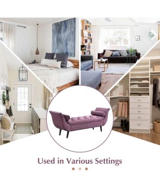 Upholstered Velvet Tufted Ottoman Bench with Rolled Arms and 2 Pillows