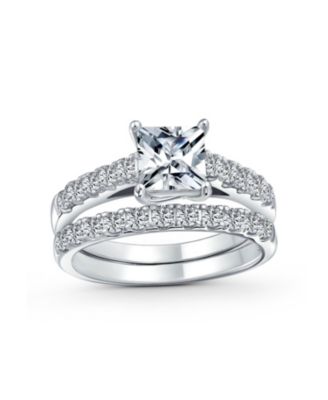 Classic 3CT Cubic Zirconia CZ Princess Cut Solitaire Anniversary Ring Set Pave Band