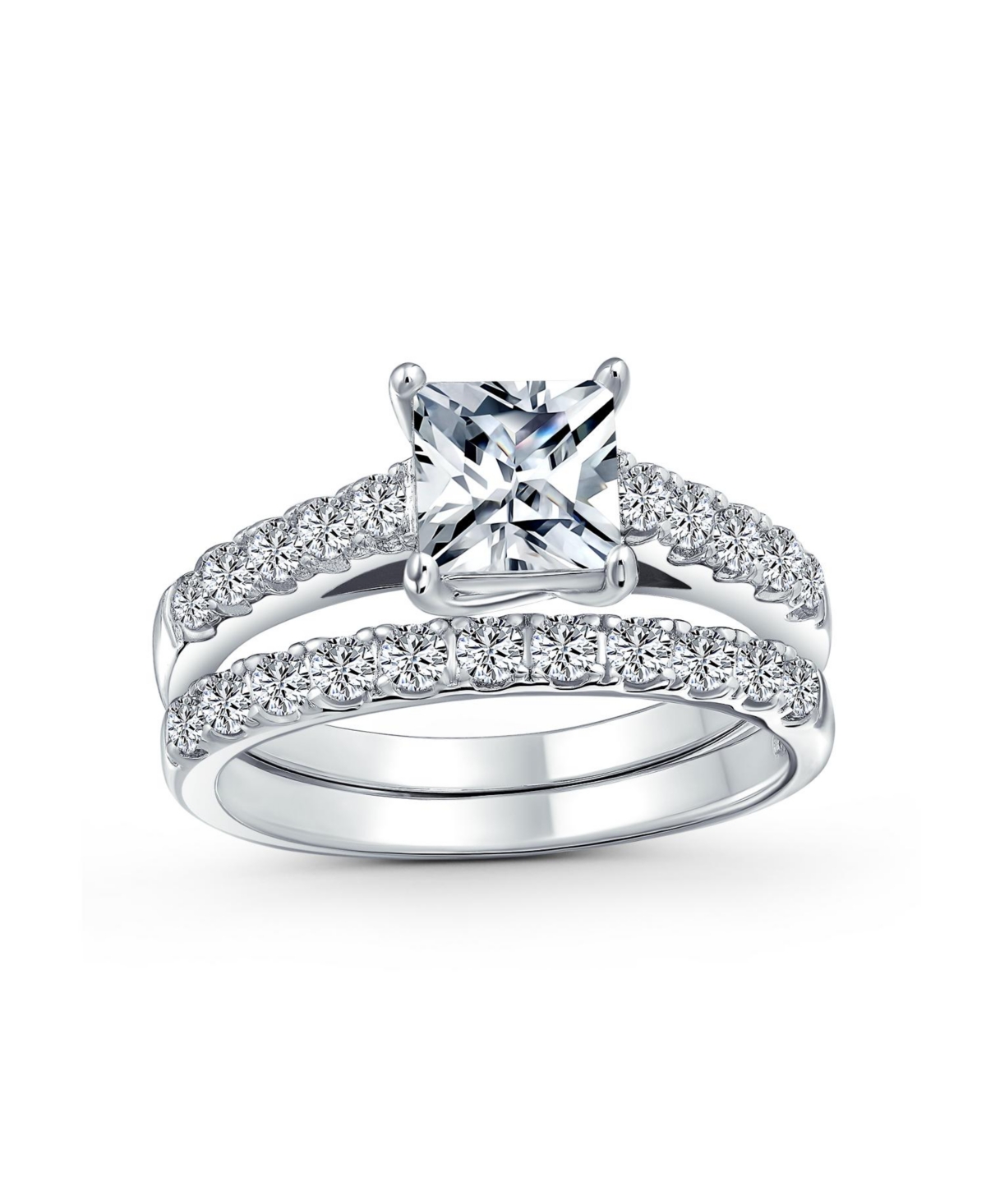 Bling Jewelry Classic 3CT Cubic Zirconia Cz Princess Cut Solitaire Ring Set Pave Band