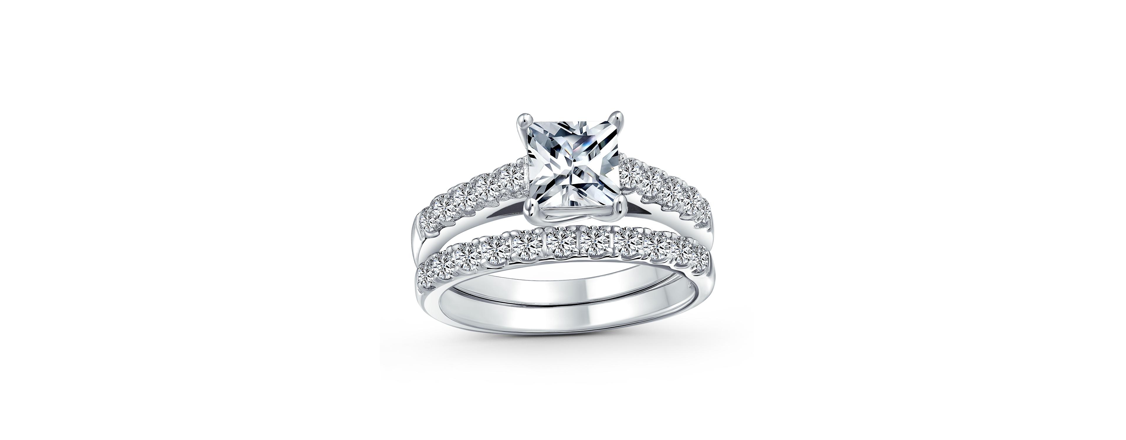 Bling Jewelry Classic 3CT Cubic Zirconia Cz Princess Cut Solitaire Ring Set Pave Band