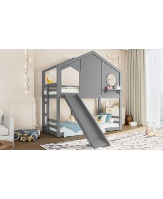Twin House Bunk Bed with Slide & Storage Shelves, Solid Wood Loft Bed