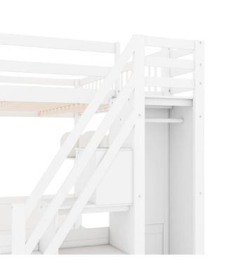 Queen Size Wooden Loft Bed with Staircase, Wardrobe & Storage