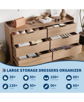 Modern Dresser with 6 Drawers 52.5" Wide Chest of Drawers with Metal Handle, Double Wooden Storage Cabinet with Deep Drawers