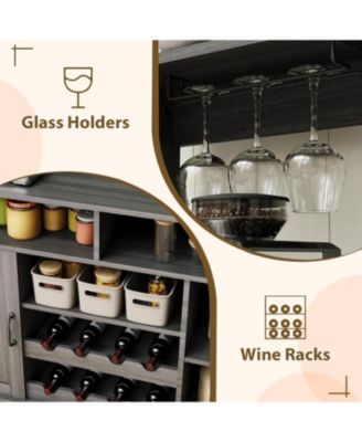 47" Farmhouse Coffee Bar Cabinet with Charging Station & Wine Racks Rustic Wood Kitchen Buffet Cabinet Wine Bar Table for Dining & Living Room