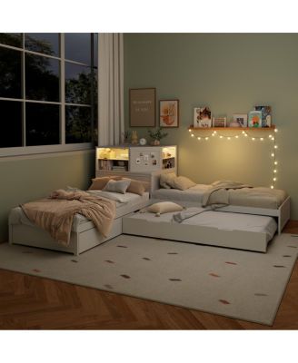 L-Shaped Twin Bed Frame w/ Trundle, Drawer, Desk & LED