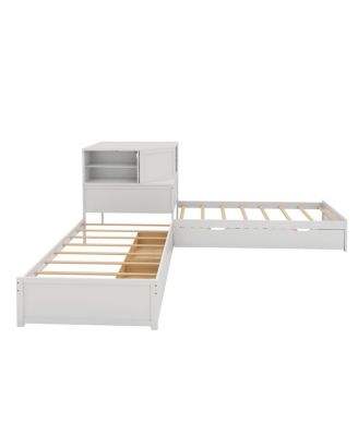 L-Shaped Twin Bed Frame w/ Trundle, Drawer, Desk & LED