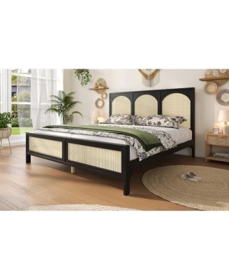 King Size Wood Platform Bed with Rattan Headboard 