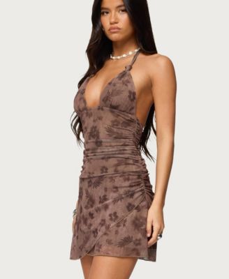 Women's Ruched Printed Mesh Mini Dress