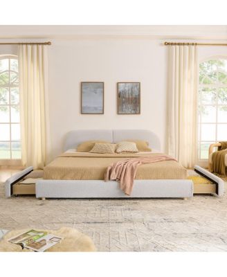 King Size Upholstered Bed Frame - Minimalist Style, Curved Headboard, Drawer Storage