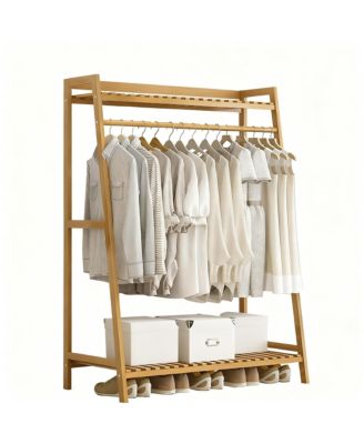 Bamboo Garment Rack with Hanging Rod and Hooks for Organized Storage