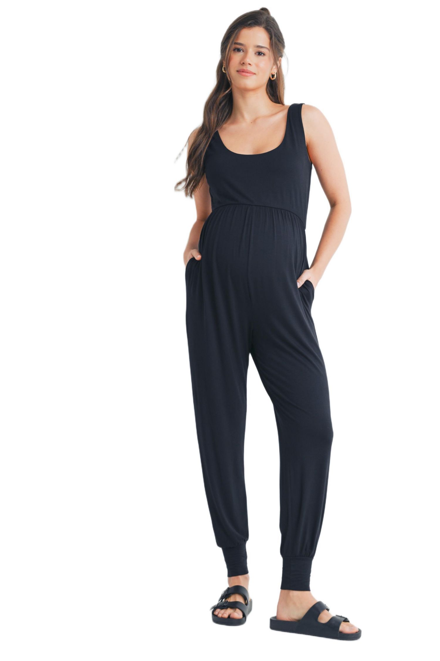 Maternity Sleeveless Scoop Neck Jumpsuit with Pockets