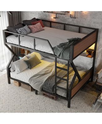 Queen over Queen Bunk Bed with Storage Shelves and Lights