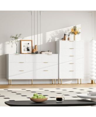 6 Drawer Dresser for Bedroom Chest of Drawers, 47" Wide Fluted Dresser with Drawers, Modern Wooden Double Dressers with Metal Handles