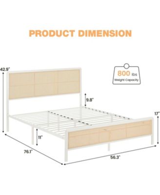 Queen Size Rattan Bed Frame with headboard, modern boho cane design, sturdy steel slat support, no box spring needed.