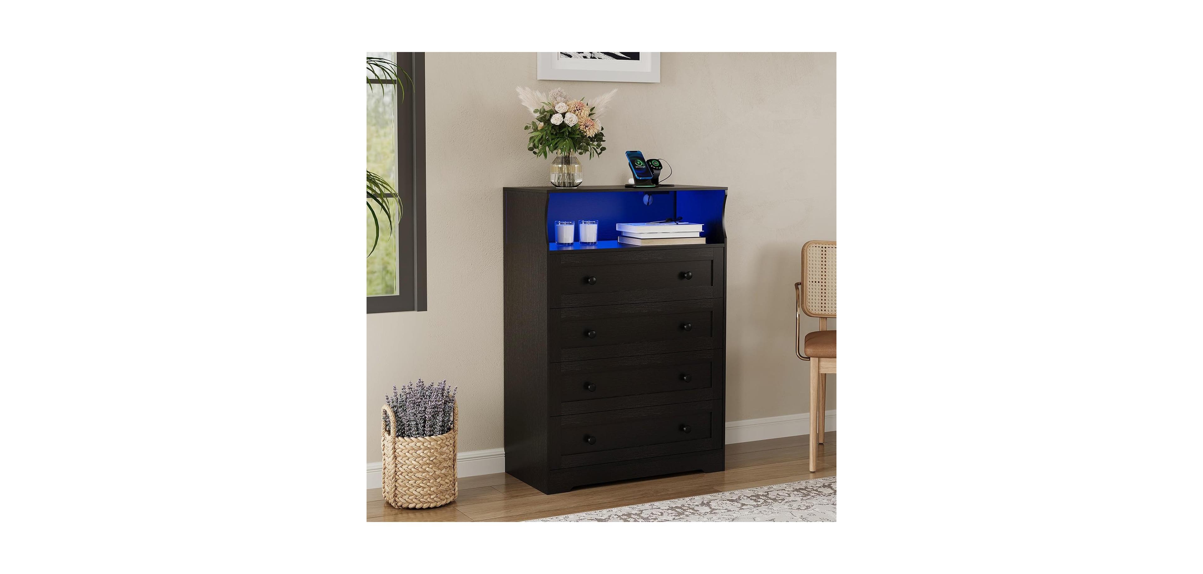 gaomon Tall Dresser for Bedroom with Led Lights & Charging Station, 4 Drawer Wood Chest of Drawers for Closet, Living Room, Hallway