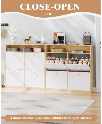 Narrow Shoe Cabinet with 4 Flip Drawers and Open Shelf, Wooden Freestanding Shoes Organizer with Shelves for Slippers,Sneakers,Heels,Boots