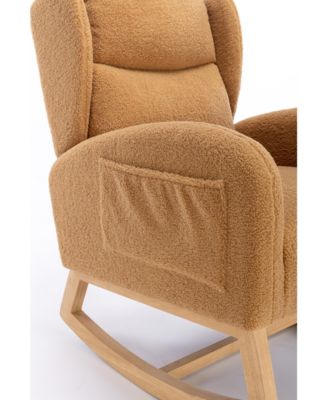 Khaki Teddy Fabric Rocking Chair with Wooden Frame Legs Built in Packet Ergonomic Backrest 300 LBS Capacity for Living Room Bedroom